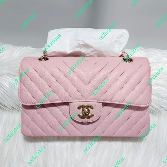 CHANEL 21s CHEVRON CAVIAR SAKURA PINK CLASSIC SMALL FLAP BAG